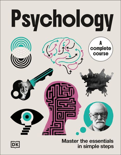 "Psychology: A complete course. Master the essentials in simple steps." Dazu bunte Illustrationen eines Gehirns, Labyrinths und Porträts.