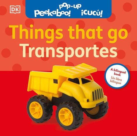 Text in Weiß und Gelb: "Things that go Transportes". Gelber Spielzeug-Lastwagen auf rotem Hintergrund.