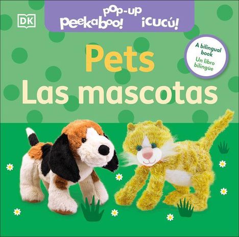 Text: "Pets, Las mascotas" (bilingual book). Stofftier-Hund und -Katze auf grünem Hintergrund mit Punkten.