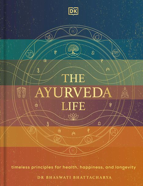 "THE AYURVEDA LIFE" steht zentral auf einer bunten, kreisförmigen Illustration mit spirituellen Symbolen.