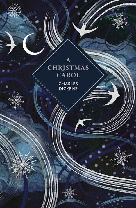 „A Christmas Carol“ und „Charles Dickens“ in einem blauen Diamant. Wirbelnde Linien, Vögel, Schneeflocken auf dunkelblauem Hintergrund.