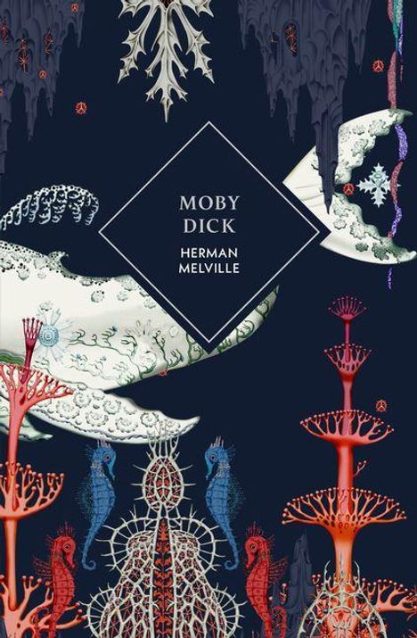 Text: "Moby Dick, Herman Melville". Illustration eines Wals mit dekorativen Pflanzen und Seepferdchen, in maritimer Umgebung.