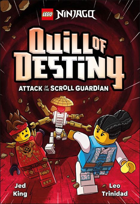 Text: „Quill of Destiny“, „Attack of the Scroll Guardian“, „Jed King“, „Leo Trinidad“. Zwei LEGO Figuren laufen.
