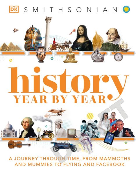 Titel: "history YEAR BY YEAR". Untertitel: "A journey through time, from mammoths and mummies to flying and Facebook". Oben viele historische Figuren und Symbole.