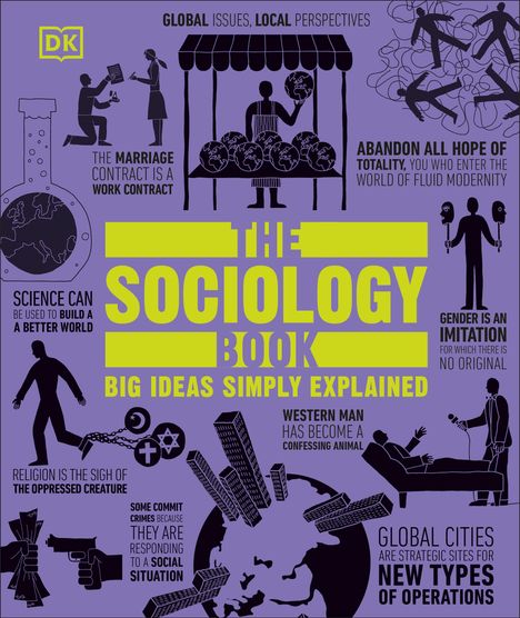 Text überlagert Illustrationen: „The Sociology Book: Big Ideas Simply Explained“. Themen: Ehevertrag, Wissenschaft, Kriminalität.