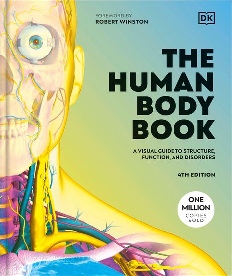 "The Human Body Book" und "A Visual Guide to Structure and Function" stehen auf einer farbenfrohen anatomischen Illustration.