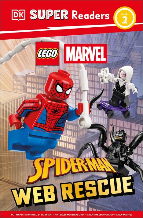 "DK SUPER Readers Level 2". LEGO und Marvel Logos. LEGO Spider-Man schwingt über eine Stadt, daneben zwei Figuren.