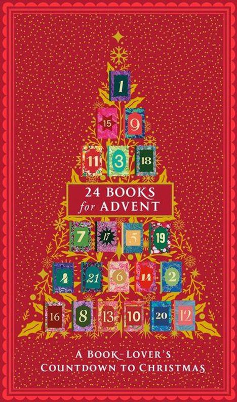 „24 Books for Advent“ in goldener Schrift auf rotem Hintergrund, gestaltet als geschmückter Weihnachtsbaum.
