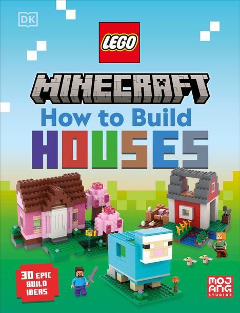 "LEGO Minecraft: How to Build Houses" und "30 Epic Build Ideas". LEGO-Häuser und Figuren auf grünem Grund.