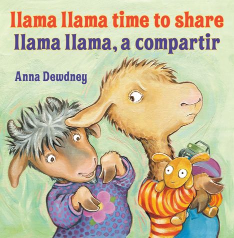 Ein Gemälde mit zwei Tieren, die wie Lamas aussehen. Eins hält ein Spielzeug, beide in bunter Kleidung.