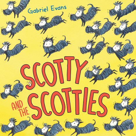 „Scotty and the Scotties“ von Gabriel Evans. Illustration vieler kleiner, springender Hunde auf gelbem Hintergrund.