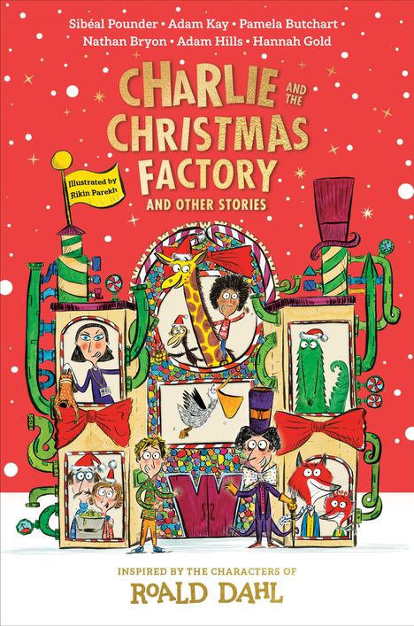 "Charlie and the Christmas Factory" in goldener Schrift. Farbenfrohe, weihnachtliche Illustration mit Figuren und Geschenken.