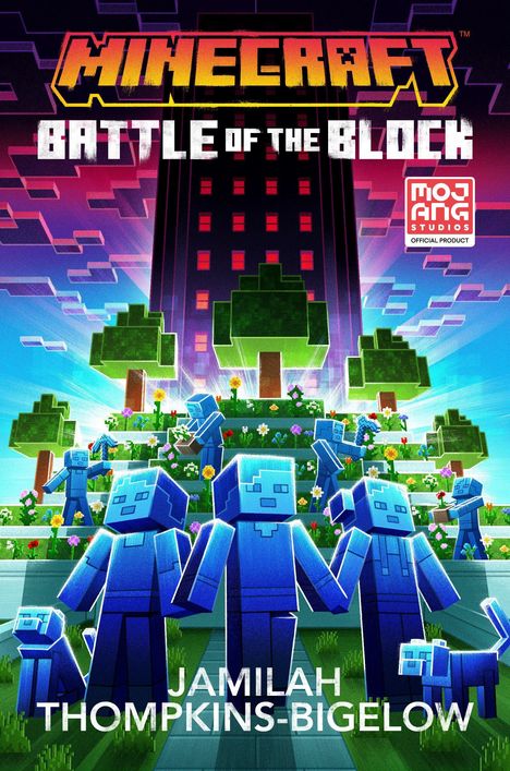 „Minecraft: Battle of the Block“-Logo, blau gepixelte Figuren auf grünem Boden, große Bäume im Hintergrund.