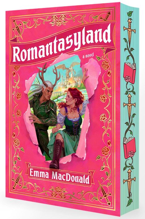 "Romantasyland", Roman von Emma MacDonald. Ein Mann mit Geweih und eine Frau in mittelalterlicher Kleidung vor einer Burg.