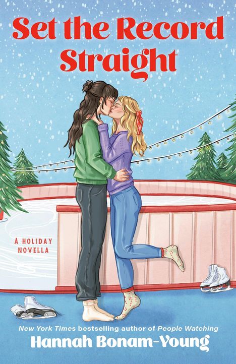 „Set the Record Straight“, „A Holiday Novella“, „Hannah Bonam-Young“. Zwei Frauen küssen sich vor winterlicher Kulisse.