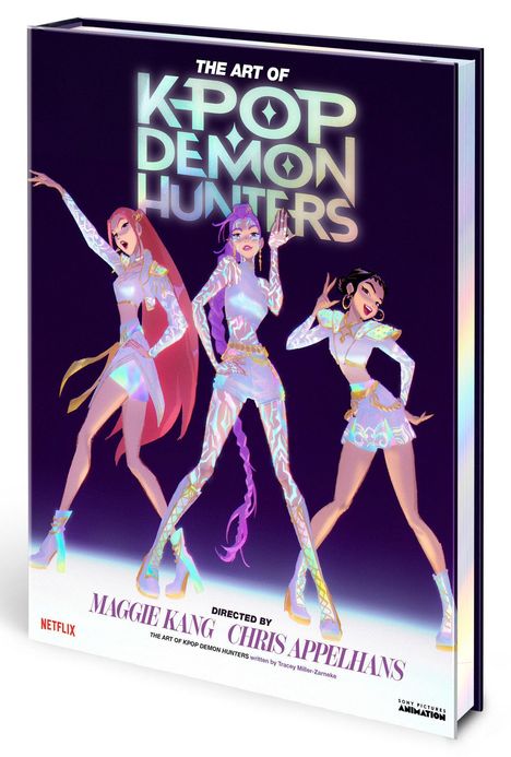 „THE ART OF KPOP DEMON HUNTERS“, drei stilisierte, bunte Figuren in futuristischen Outfits posieren.