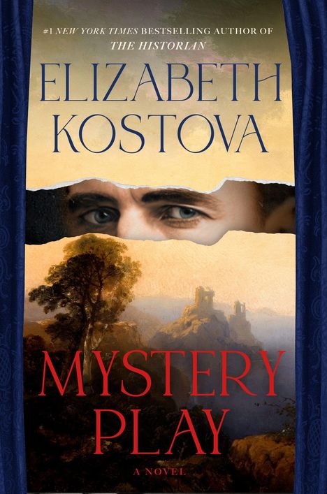 Der Text auf der Abbildung lautet „Elizabeth Kostova, Mystery Play“. Es ist das Cover eines Buches mit Landschaftsmotiv.