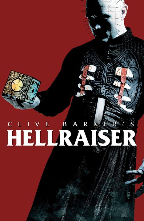 "CLIVE BARKER'S HELLRAISER" in weißem Text vor rotem Hintergrund. Eine Figur hält einen verzierten Würfel.