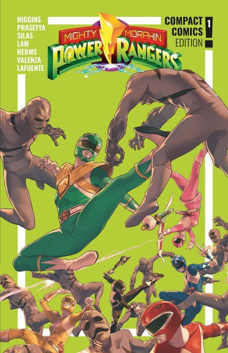Titel: Mighty Morphin Power Rangers. Helden in bunten Anzügen kämpfen in dynamischer Pose gegen maskierte Gegner.