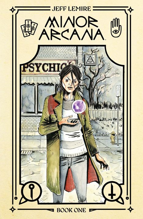 „Minor Arcana“, „PSYCHIC“, „Book One“. Illustration eines nachdenklichen Menschen mit schwebender Kristallkugel.