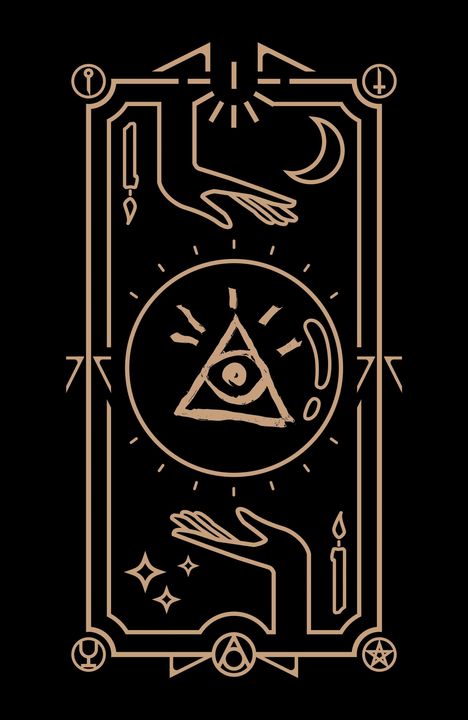 Eine Illustration mit einem Auge in einem Dreieck, umgeben von Händen, Kerzen, einem Mond und mystischen Symbolen.