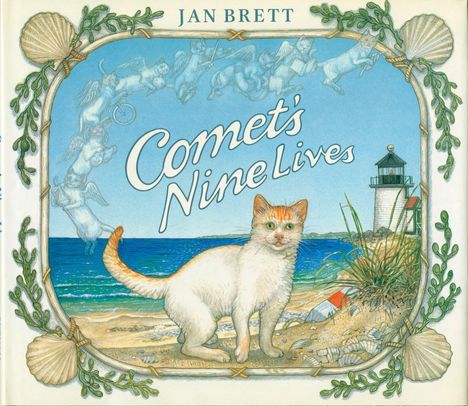 „Comet's Nine Lives“ oben, illustrativer Rahmen mit Katzen und Muscheln, darunter ein Leuchtturm und eine Katze am Strand.