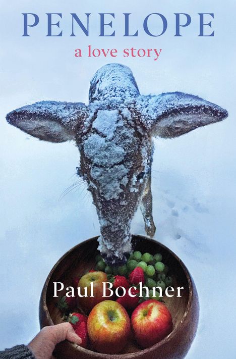Text: „PENELOPE - a love story - Paul Bochner“. Ein Reh mit Schnee bedeckt, schaut auf eine Schale mit Obst in der Hand.