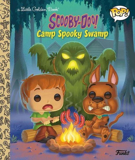 "Camp Spooky Swamp", Shaggy und Scooby sitzen am Lagerfeuer, ein grünes Monster im Hintergrund, Illustration.