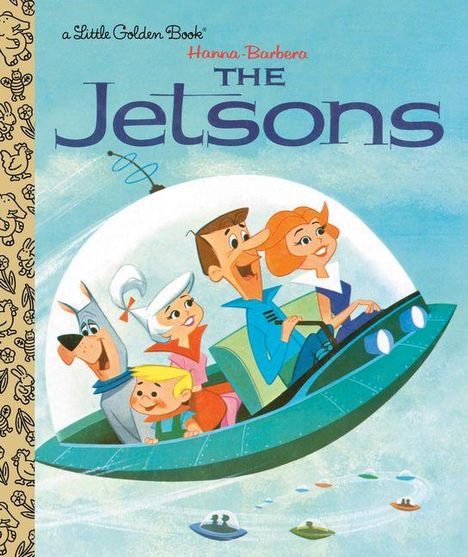 Text: Ein kleiner goldener Buch "Hanna-Barbera: The Jetsons". Illustration: Familie in schwebendem Auto mit Hund im Retro-Stil.