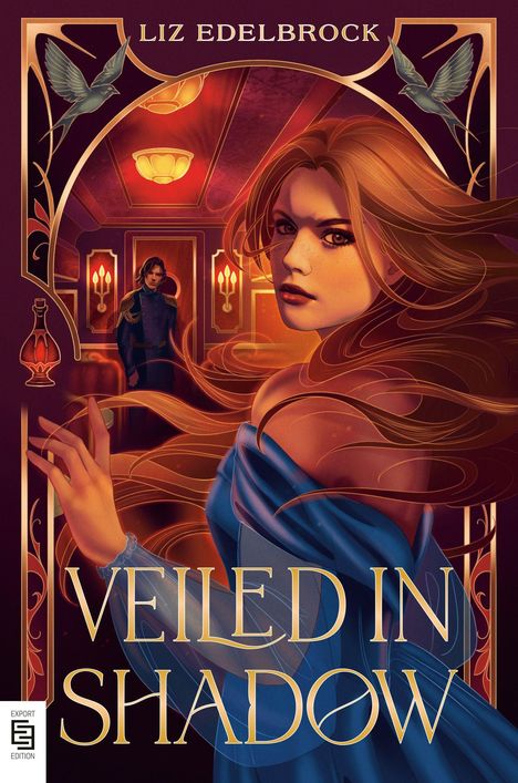 Texte: "Liz Edelbrock", "Veiled in Shadow". Illustration: Frau im Vordergrund, Hintergrund: Mann in dunklem Raum.