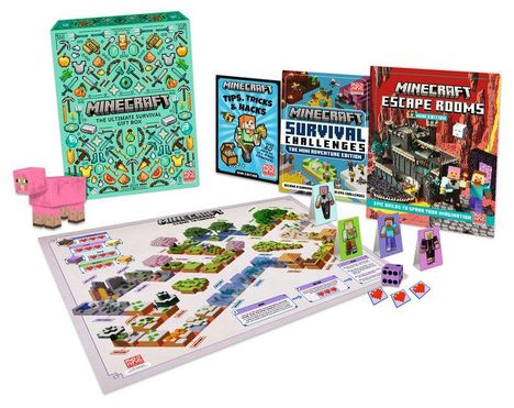 Texte: Minecraft Tipps & Hacks, Survival Challenges, Escape Rooms. Ein Brettspiel mit Spielfiguren und einem rosa Schwein.