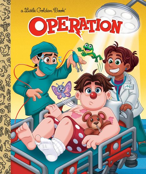 "Operation" in roter Schrift, mit zwei Ärzten, einem Mann mit roter Nase in einem Krankenbett und einem Plüschtier.
