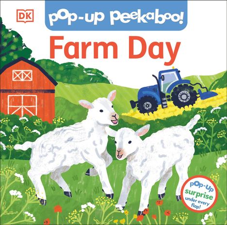 "Farm Day" in großer Schrift, Illustration mit zwei Lämmern, roter Scheune, blauem Traktor auf grünem Feld.