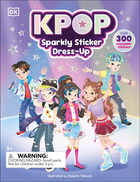 „KPOP Sparkly Sticker Dress-Up“, „OVER 300 reusable stickers“. Illustration von fünf stilvoll gekleideten Charakteren.