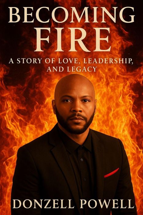 "Becoming Fire: A Story of Love, Leadership, and Legacy" von Donzell Powell. Porträt vor Flammenhintergrund.