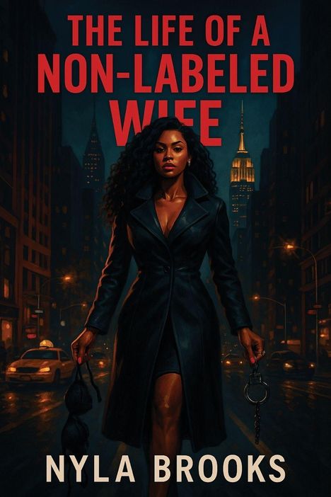 „The Life of a Non-Labeled Wife“ und „Nyla Brooks“. Eine Frau in einem Mantel in einer nächtlichen Stadt.