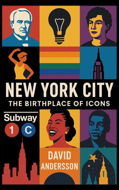 „NEW YORK CITY THE BIRTHPLACE OF ICONS.“ Darunter Subway-Symbole, Figuren, Glühbirne, Regenbogenstreifen und Skyline.
