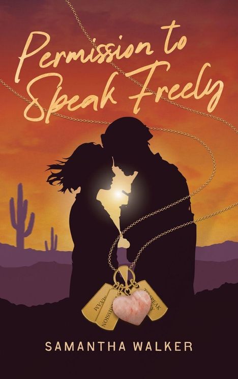 "Permission to Speak Freely" steht groß oben. Zwei schwarz silhouette Menschen im Sonnenuntergang mit Ketten und einem Herz.