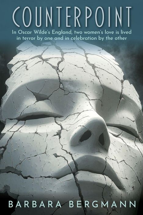 „COUNTERPOINT. In Oscar Wilde’s England, two women’s love is lived in terror by one and in celebration by the other.“  
Eine große, rissige, weiße Maske.