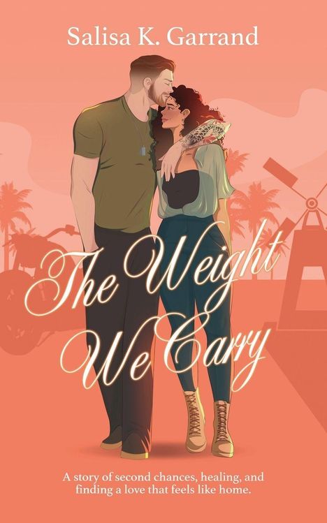 Salisa K. Garrand, "The Weight We Carry". Ein Paar eng umschlungen vor Palmen, im Hintergrund ein Motorrad.