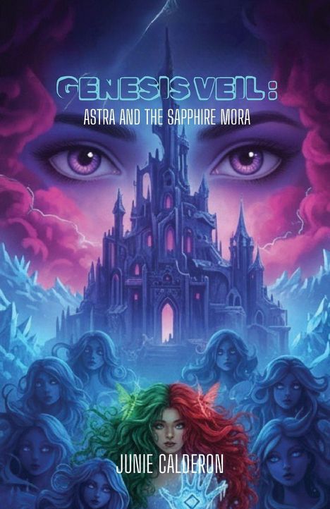 "GENESIS VEIL: ASTRA AND THE SAPPHIRE MORA" steht auf einer mystischen Illustration mit Burg und Figuren.