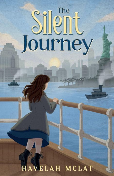 Text: "The Silent Journey" und "Havelah McLat." Illustration einer Frau auf einem Schiff, Blick auf eine Stadt und Freiheitsstatue.