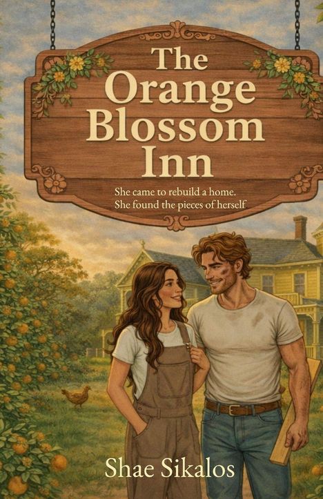 Text: "The Orange Blossom Inn. She came to rebuild a home. She found the pieces of herself." Illustration eines Paares vor einem Haus.