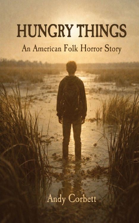 "HUNGRY THINGS: An American Folk Horror Story. Andy Corbett." Eine Person steht allein im Sumpf, gegen Licht.