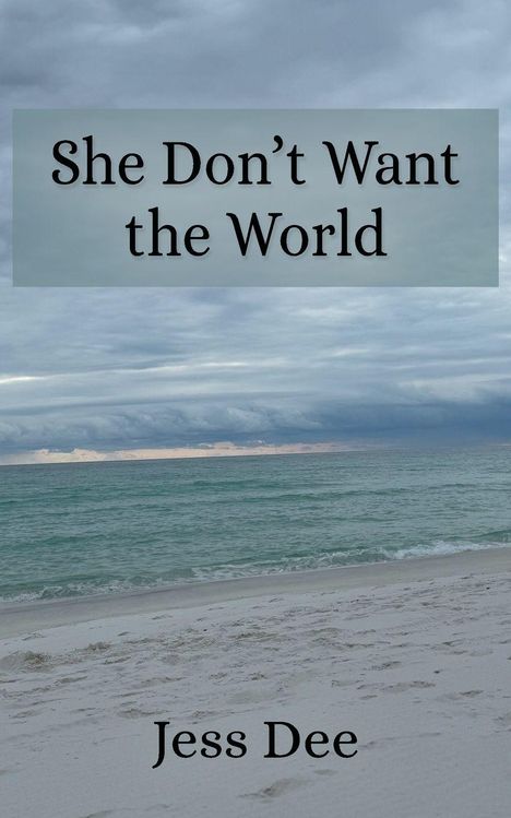 Text oben: "She Don’t Want the World", unten: "Jess Dee". Sandstrand, Meer und bewölkter Himmel.