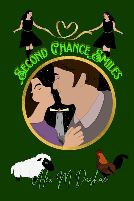 „Second Chance Smiles“ und „Alex M Dashaé“ in Grün. Illustration: Paar vor Leuchtturm, Schaf, Hahn und Tänzerinnen.