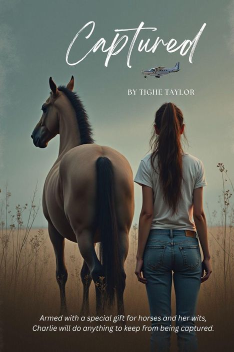 "Captured", darüber ein kleines Flugzeug, "BY TIGHE TAYLOR". Text unten: Frau mit Pferd in weitem Feld von hinten.