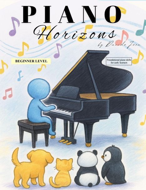 „Piano Horizons: Beginner Level.“ Illustration: Figur spielt Klavier, Tiere lauschen. Bunte Noten im Hintergrund.