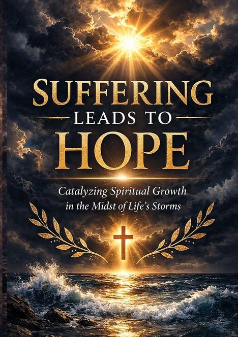 "Suffering leads to hope" steht über einer stürmischen See, beleuchtet von einem strahlenden Sonnenlicht hinter Wolken.
