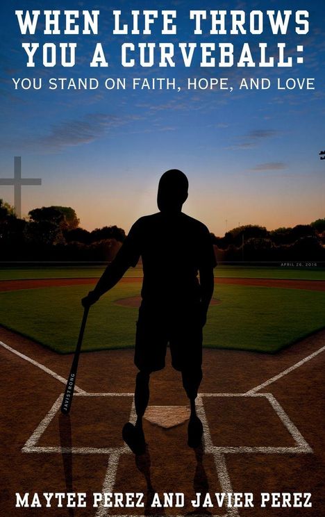 "When life throws you a curveball: You stand on faith, hope, and love." Silhouette einer Person mit Baseballschläger.
